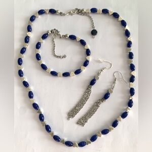 Handmade Blue Heart Accent Necklace, Bracelet & Tassel Earring Set